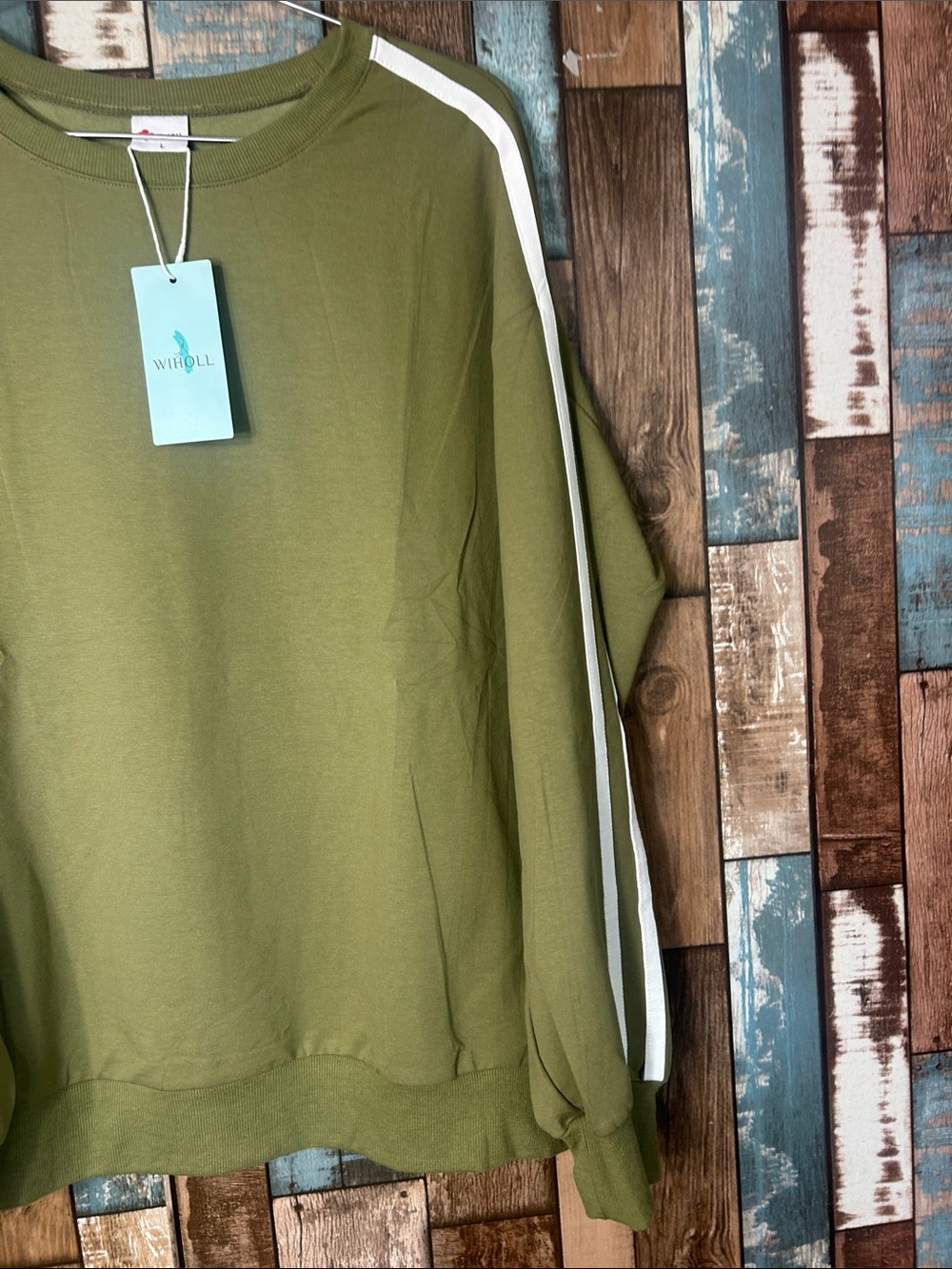 Army green white striped sleeve oversized sweatshirt - Picture 4 of 12